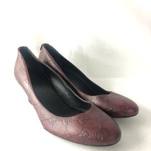 Gucci Burgundy Leather GG Round-toe Wedges, 36/6